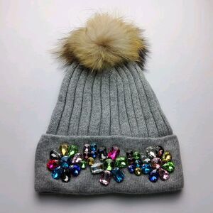 VDP Club Embellished Rhinestone Wool Rabbit Hair Pom Knit Beanie Hat